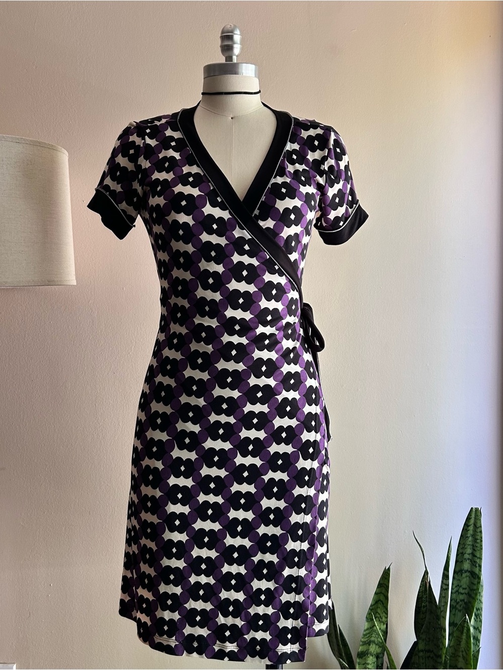 Max Studio Purple and Black Patterned Wrap Midi Dress